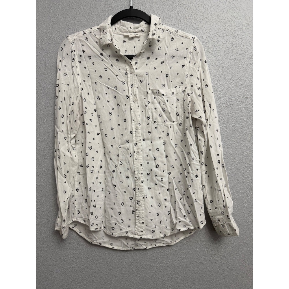 Beachlunchlounge White Black Heart Print Button Down Shirt Small Pocket Viscose